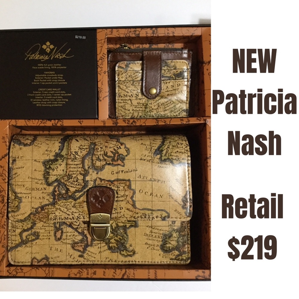 Patricia Nash LOCRI Map Print LEATHER crossbody / over shoulder purse & wallet